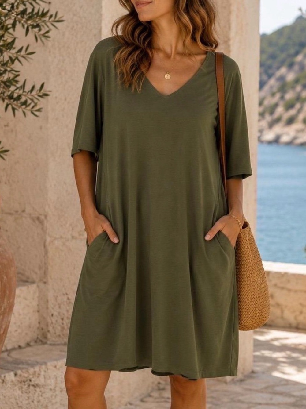 Eileen Fisher Olive Green Relaxed T-Shirt Dress 730